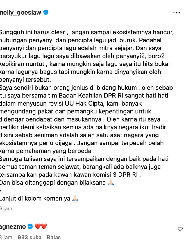 Unggahan Melly Goeslaw. (Foto: Dok. Instagram @melly_goeslaw)