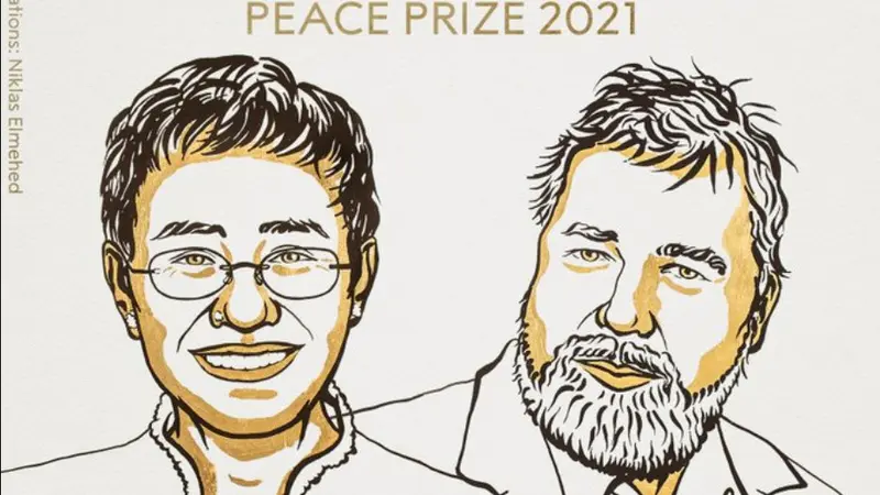 Karikatur Marisa Ressa dan Dmitry Muratov, pemenang Nobel 2021.