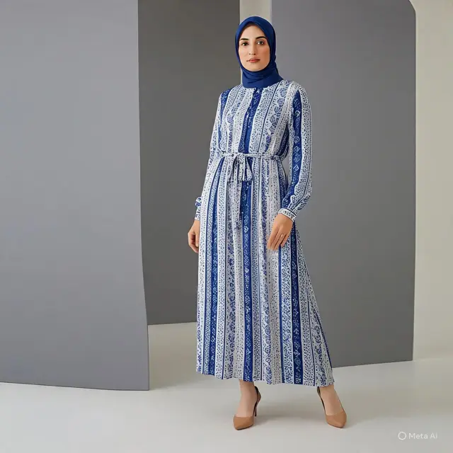 Dress Midi Motif Vertikal untuk Cewek Pendek Hijab