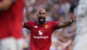 Ekspresi Bryan Mbuemo pada laga MU vs Arsenal di pekan ke-1 Premier League 2025/2026 -&nbsp;AP Photo/Dave Thompson