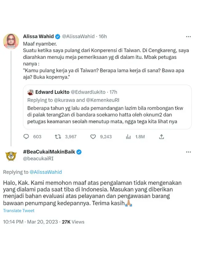 Akun Twitter @beacukaiRI pun Meminta Maaf Atas Kejadian Tak Menyenangkan yang Dialami Putri Gus Dur, Alissa Wahid, Melalui Sebuah Kicauan yang Dianggap Oleh Warganet Hanya Template Belaka (Tangkapan Layar)