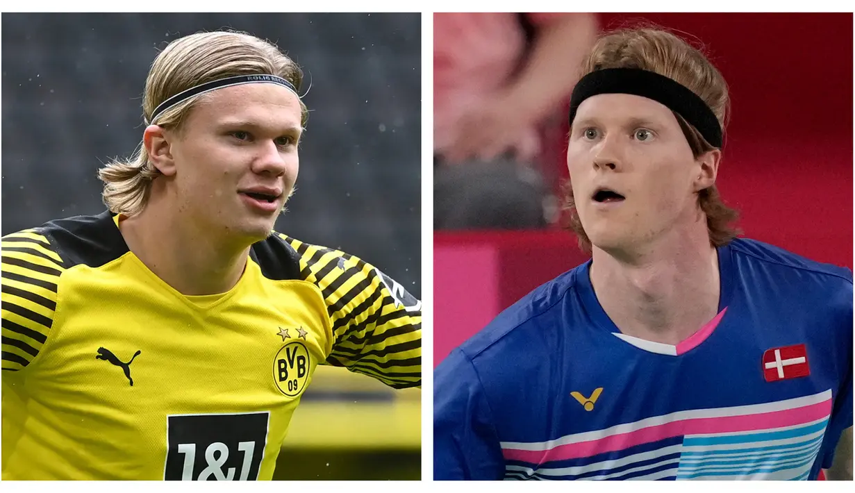 Anders Antonsen. Atlet bulu tangkis Denmark berusia 24 tahun yang baru saja dikalahkan Anthony Sinisuka Ginting di perempatfinal Olimpiade Tokyo 2020 ini memiliki wajah yang mirip dengan bintang Borussia Dortmund, Erling Braut Haaland. (Foto: AFP/Pool/Ina Fassbender dan AP/Dita Alangkara)