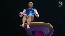 Pesenam putri Indonesia saat berlaga pada babak final senam artistik putri Asian Games 2018 di JIExpo, Kemayoran, Jakarta, Rabu (22/8). Indonesia berhasil menempati posisi ke 8 dari 11 negara untuk 4 kategori. (merdeka.com/Imam Buhori)