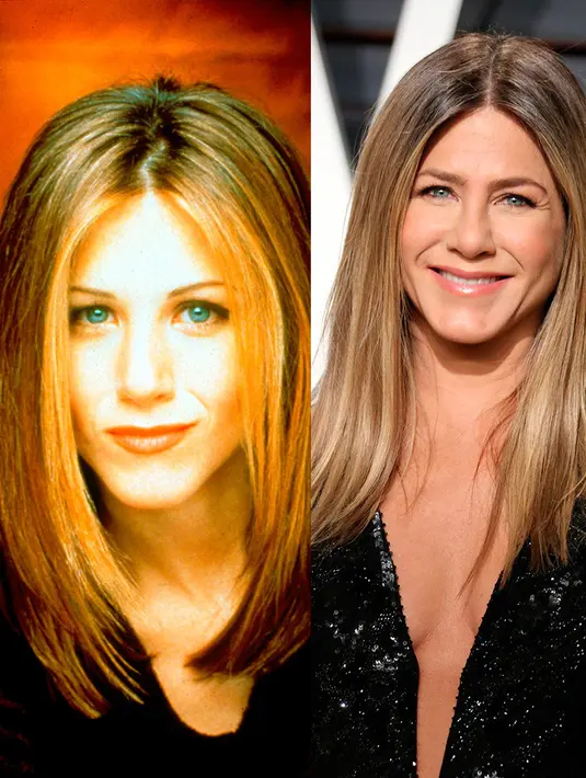 Jennifer Aniston memang sudah cantik sedari dulu. Bahkan ia tetap konsisten dengan belahan rambutnya itu. (HollywoodLife)