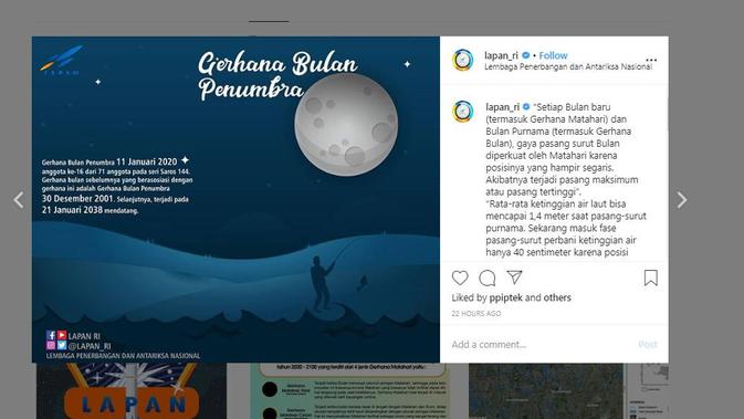 Informasi mengenai gerhana bulan penumbra. (Instagram LAPAN @lapan_ri)