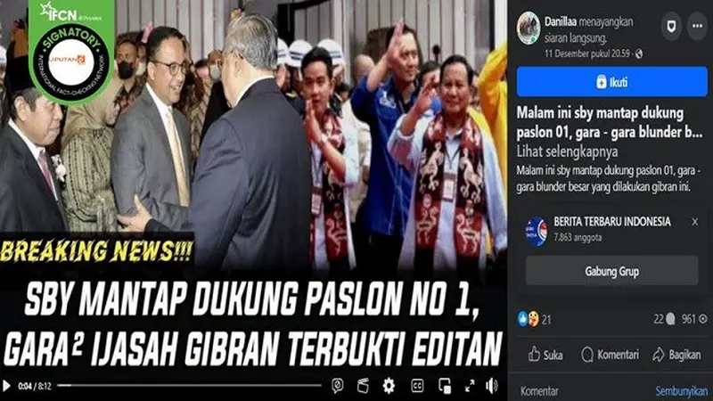 Beredar video yang diklaim Presiden ke-6 RI, SBY mantap mendukung paslon nomor urut 1 pada Pilpres 2024. Benarkah? (sumber: YouTube)