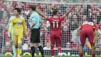 Selebrasi Mohamed Salah usai mencetak gol di laga Liverpool vs Crystal Palace di Anfield, Minggu (25/05/2025). (AP/Jon Super)