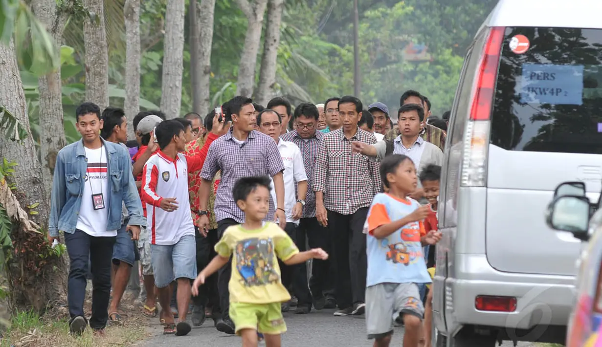 Capres Joko Widodo diserbu warga saat blusukan ke areal persawahan di Desa Gentasari, Kecamantan Kroya, Jawa Tengah, (13/6/14) (Liputan6.com/Herman Zakharia)