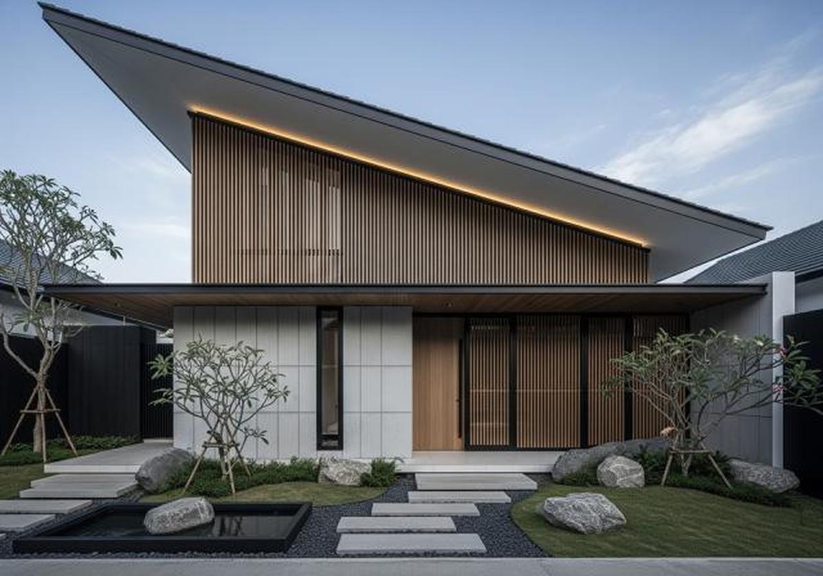 Japandi Monokrom dengan Atap Landai Tegas/Desain Rumah Japandi Atap Landai (Sumber: gemini.com)
