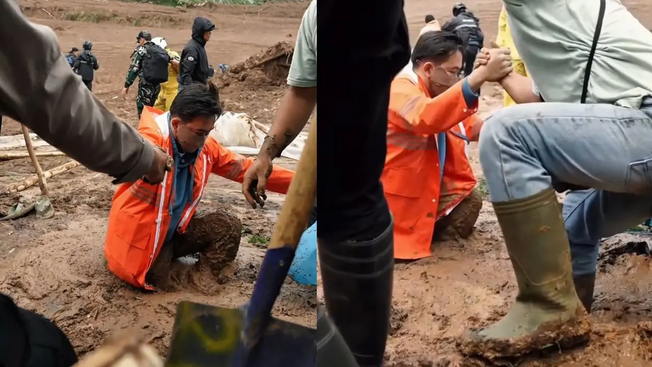 Bupati Bandung Barat Jeje terjebak lumpur di lokasi longsor Cisarua. (Liputan6.com/Dikdik Ripaldi)