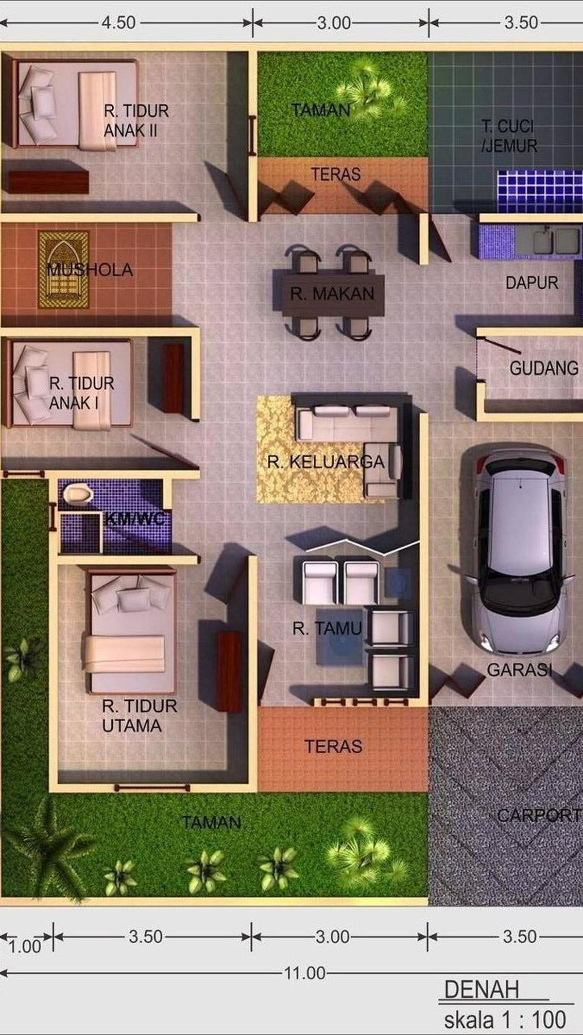 Desain Rumah dengan 3 Kamar Tidur dan 1 Mushola Berkonsep Mewah