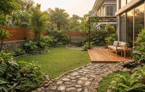 8 Inspirasi Taman dengan Unsur Kayu dan Batu Kali, Kombinasi Alami yang Membuat Rumah Lebih Estetik