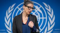 Francesca Albanese pakar di PBB mempresentasikan laporan 'Anatomi Genosida' Israel ke Gaza kepada Dewan Hak Asasi Manusia. (Fabrice Coffrini/ AFP)