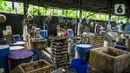 Pekerja merapikan tatakan di pabrik tahu tempe yang berhenti operasi di kawasan Duren Tiga, Jakarta, Sabtu (2/12/2021). Pusat Koperasi Produsen Tempe Tahu Indonesia atau Puskopti DKI Jakarta mengumumkan menghentikan sementara proses produksi tempe dan tahu. (Liputan6.com/Faizal Fanani)