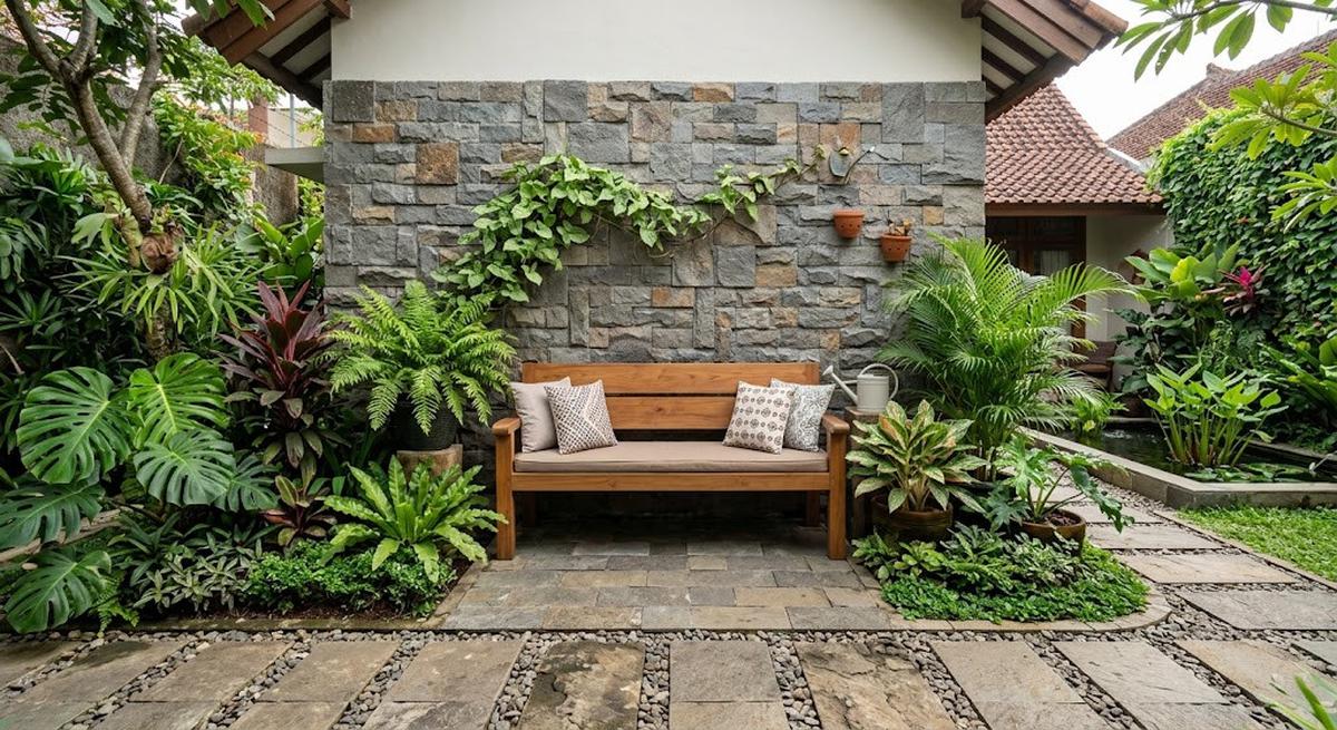 Model dinding belakang rumah dengan kombinasi batu alam dan tanaman model kombinasi tanaman dan bangku