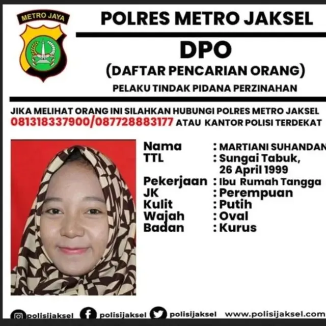 Seorang wanita atas nama Martiani Suhandani (23) masuk ke dalam Daftar Pencarian Orang (DPO) (Instagram Polres Metro Jakarta Selatan)
