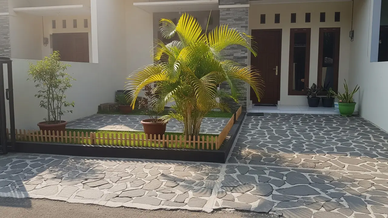 Inspirasi Teras Rumah Subsidi dengan Batu Alam dan Palem Kuning