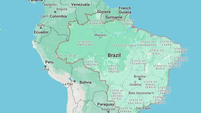 Peta yang menunjukkan perbatasan antara Brasil, Guyana, dan Venezuela.