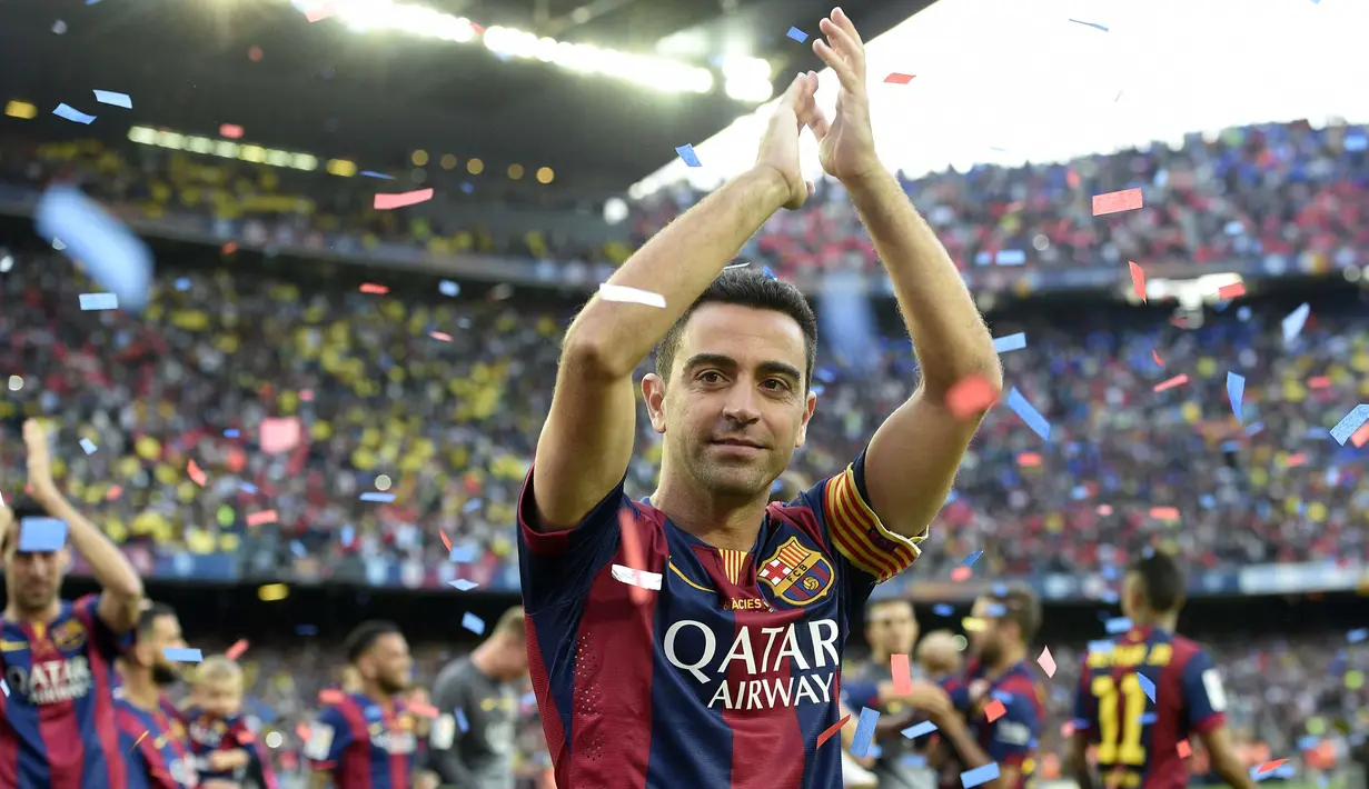 Hanya semusim mengemban tugas sebagai seorang kapten, Xavi dilepas Barcelona dengan gratis ke klub asal Qatar, Al Sadd. (Foto: AFP/Lluis Gene)