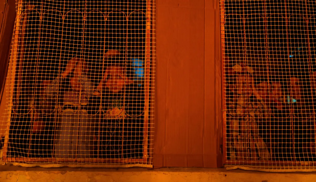 Anak-anak mengintip dari jendela saat ribuan Yahudi ultra ortodoks antizionis merayakan Lag BaOmer dengan membakar api unggun di Yerusalem ultra-Ortodoks Mea Shearim, Rabu (2/5). (MENAHEM KAHANA / AFP)