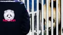 Salah satu dari dua panda raksasa dalam kandang kaca tembus pandang di bandara Schiphol, Belanda, Rabu (12/4). Pihak pengelola kebun raya telah membangun kandang khusus untuk dua panda dengan biaya sekitar Rp 99 miliar. (Aurore BELOT/AFP)