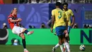 Penyerang Norwegia, Erling Braut Haaland mencetak gol kedua timnya selama pertandingan sepak bola babak 16 besar Piala Dunia 2026 antara Brasil dan Norwegia di Stadion New York/New Jersey di East Rutherford, Minggu, 5 Juli 2026. (AFP/ Mauro Pimentel)
