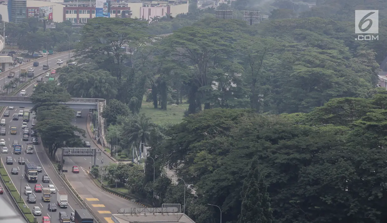 Kendaraan melintas dekat ruang terbuka hijau (RTH) di kawasan Jakarta, Sabtu (6/4). Dinas Kehutanan DKI Jakarta mengganggarkan Rp 1,5 triliun untuk pengadaan tanah dengan peruntukan Ruang Terbuka Hijau (RTH) di tahun 2019. (Liputan6.com/Faizal Fanani)
