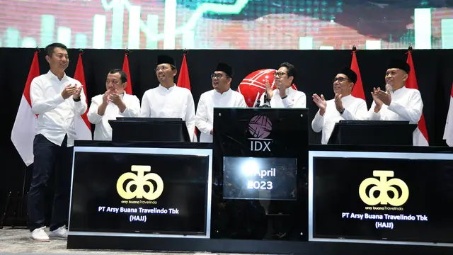 Pencatatan perdana saham PT Arsy Buana Travelindo Tbk (HAJJ), Rabu, (5/4/2023). (Foto: BEI)