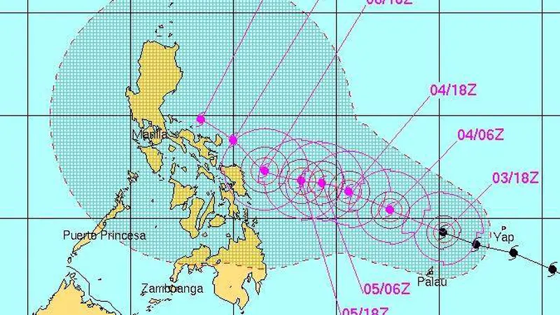 Peta perkiraan jalur lintasan Topan Hagupit di Filipina. (NBC News)