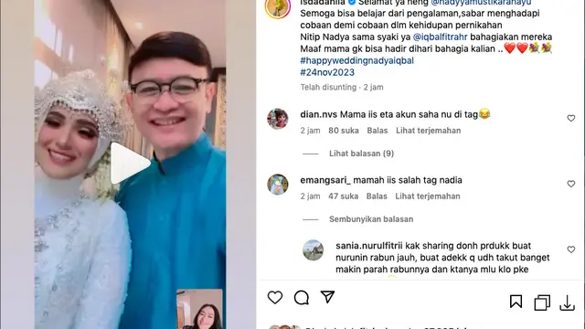 Selamat, Nadya Mustika Rahayu Resmi Menikah dengan Iqbal Rosadi Hari Ini Jumat 24 November 2023. (instagram.com/isdadahlia)