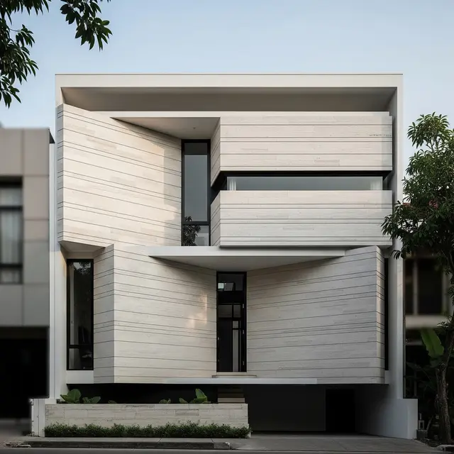 Rumah Model Fasad Geometris Bertekstur (Gemini AI)