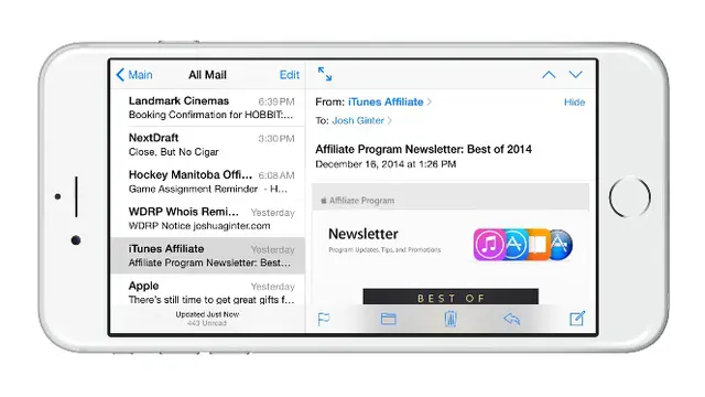 Tampilan e-mail landscape di iPhone 6
