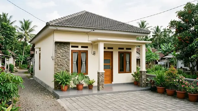 Rumah Desa dengan Aksen Batu Alam Minimalis