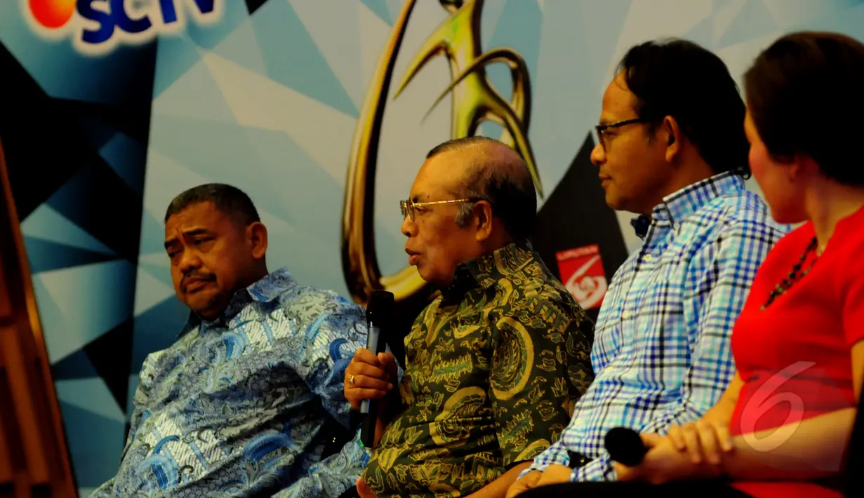 Suasana konferensi pers ajang Liputan6 Awards 2015 di SCTV Tower, Senayan City, Jakarta, Selasa (12/5/2015). Malam Puncak Penganugerahan Liputan6 Awards akan berlangsung pada 20 Mei mendatang di Studio 6 Emtek City. (Liputan6.com/Faisal R Syam)