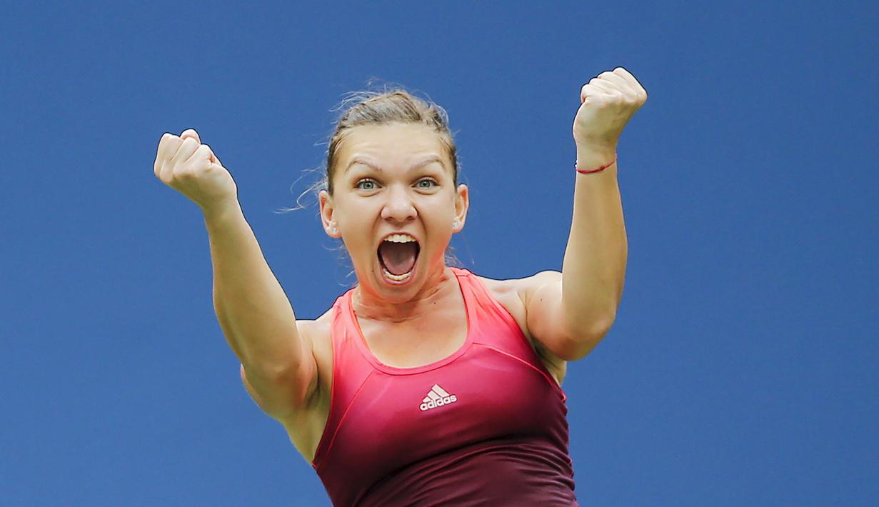 Ekspresi petenis Rumania, Simona Halep, setelah mengalahkan petenis Belarus, Victoria Azarenka, dalam perempatfinal Turnamen Tenis AS Terbuka 2015 di New York, AS. (9/9/2015). (Reuters/Eduardo Munoz)