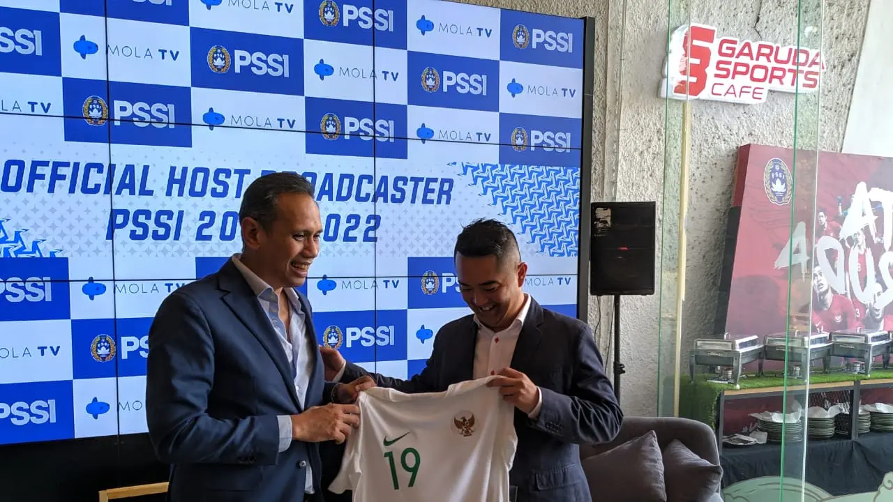 Konferensi pers kerja sama PSSI dan Mola TV untuk menayangkan seluruh pertandingan Timnas Indoensia di Garuda Store, SUGBK, Selasa (3/9/2019).