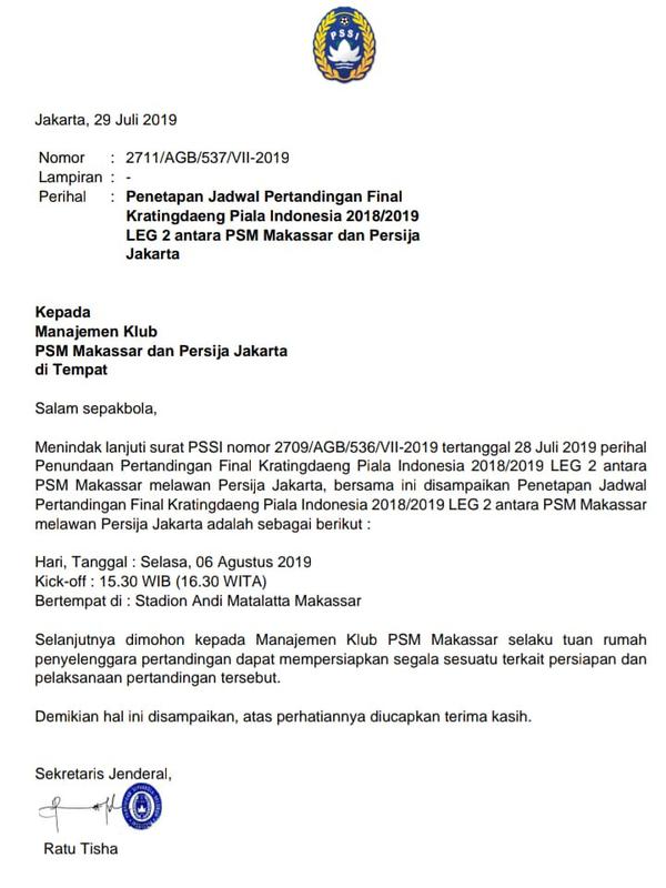 Surat PSSI terkait PSM vs Persija di leg kedua final Piala Indonesia (Liputan6.com/Istimewa)
