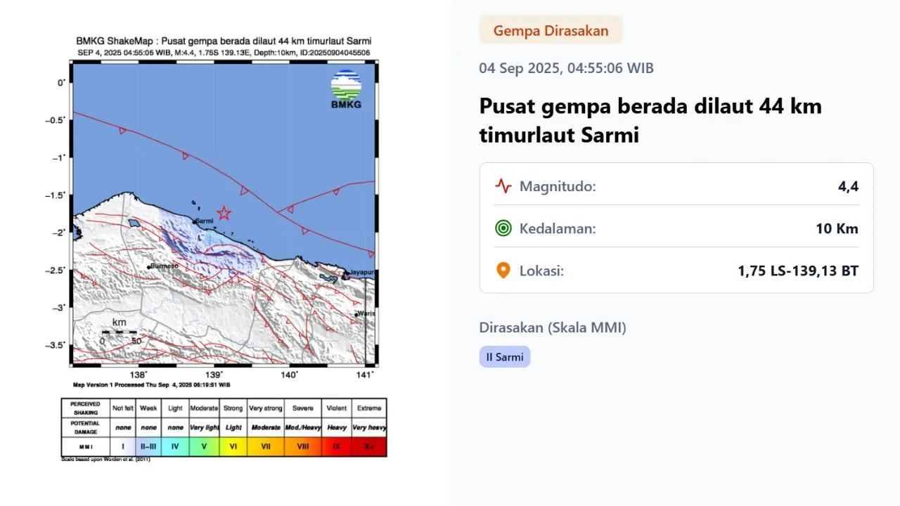 Gempa hari ini, Kamis (4/9/2025) di Indonesia menggetarkan pukul 04:55:06 WIB di wilayah Sarmi, Provinsi Papua.