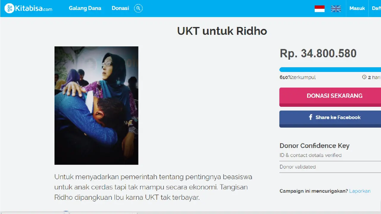 Kurang dari 2 Hari, Donasi Kuliah untuk Ridho Tembus Rp 35 Juta