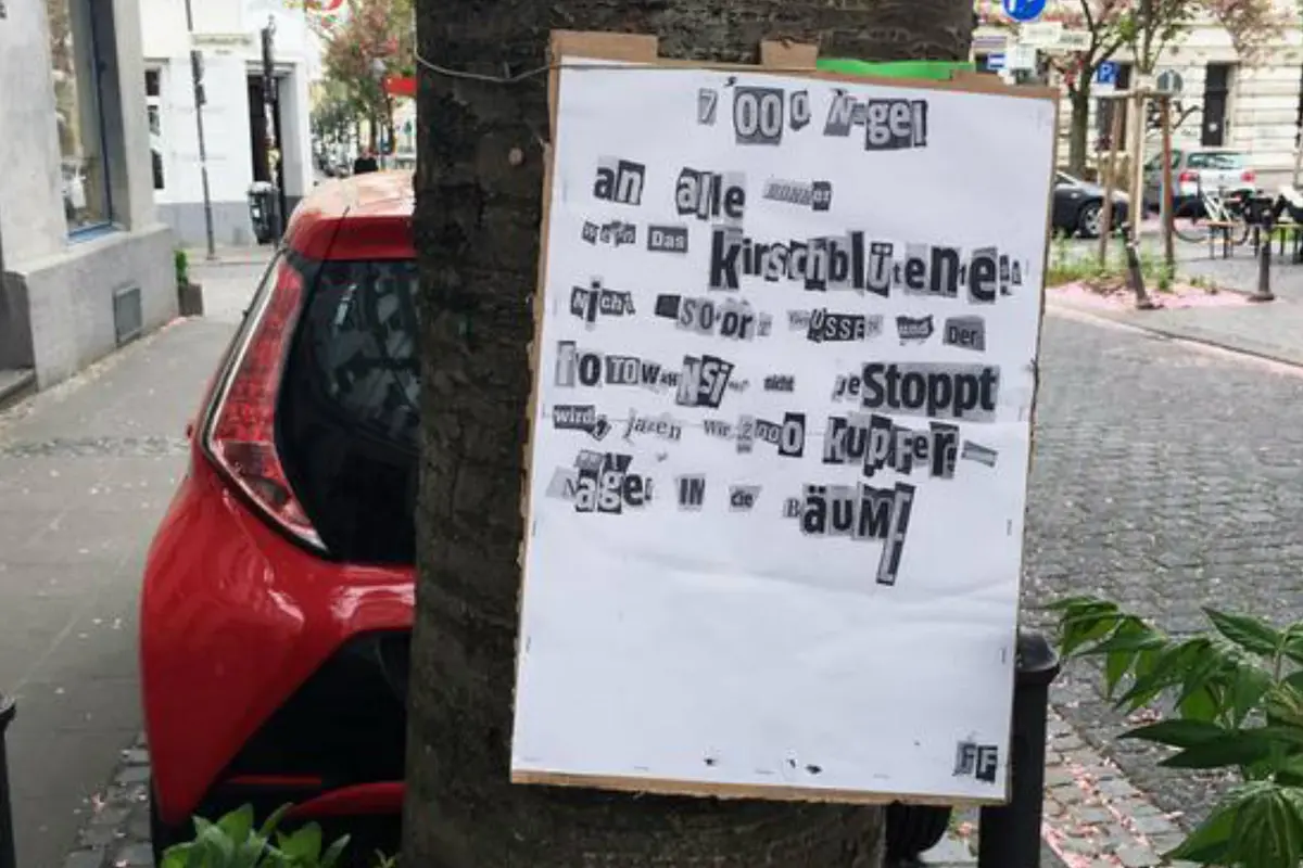 Poster misterius yang dipaku di pohon sakura di Kota Bonn, Jerman. (DW)