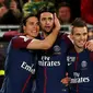 Para pemain PSG merayakan gol ke gawang AS Monaco pada final Coupe de la Ligue di Stade Matmut Atlantique, Bordeaux, Sabtu (31/3/2018). (AP Photo/Thibault Camus)