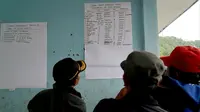 Anggota keluarga melihat daftar korban tenggelamnya KM Sinar Bangun di Danau Toba, Sumatera Utara, Selasa (19/6). Pencarian dan upaya penyelamatan dilakukan oleh Tim Gabungan Basarnas, Marinir dan kepolisian. (Jon NST/AFP)