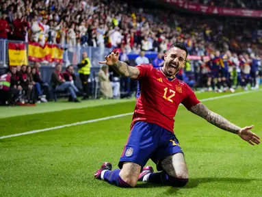 Pemain Spanyol, Joselu, melakukan selebrasi setelah mencetak gol ke gawang Norwegia pada laga pembuka Grup A Kualifikasi Euro 2024 di Estadio La Rosaleda, Malaga, Minggu (26/3/2023). Timnas Spanyol mengawali era baru dengan meraih hasil gemilang pada Kualifikasi Euro 2024. (AP Photo/Manu Fernandez)