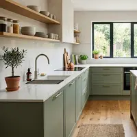 10 Warna Kitchen Set yang Cocok Dipadukan dengan Lantai Motif Kayu Bikin Dapur Hangat dan Estetik. (Gambar: AI Generated)