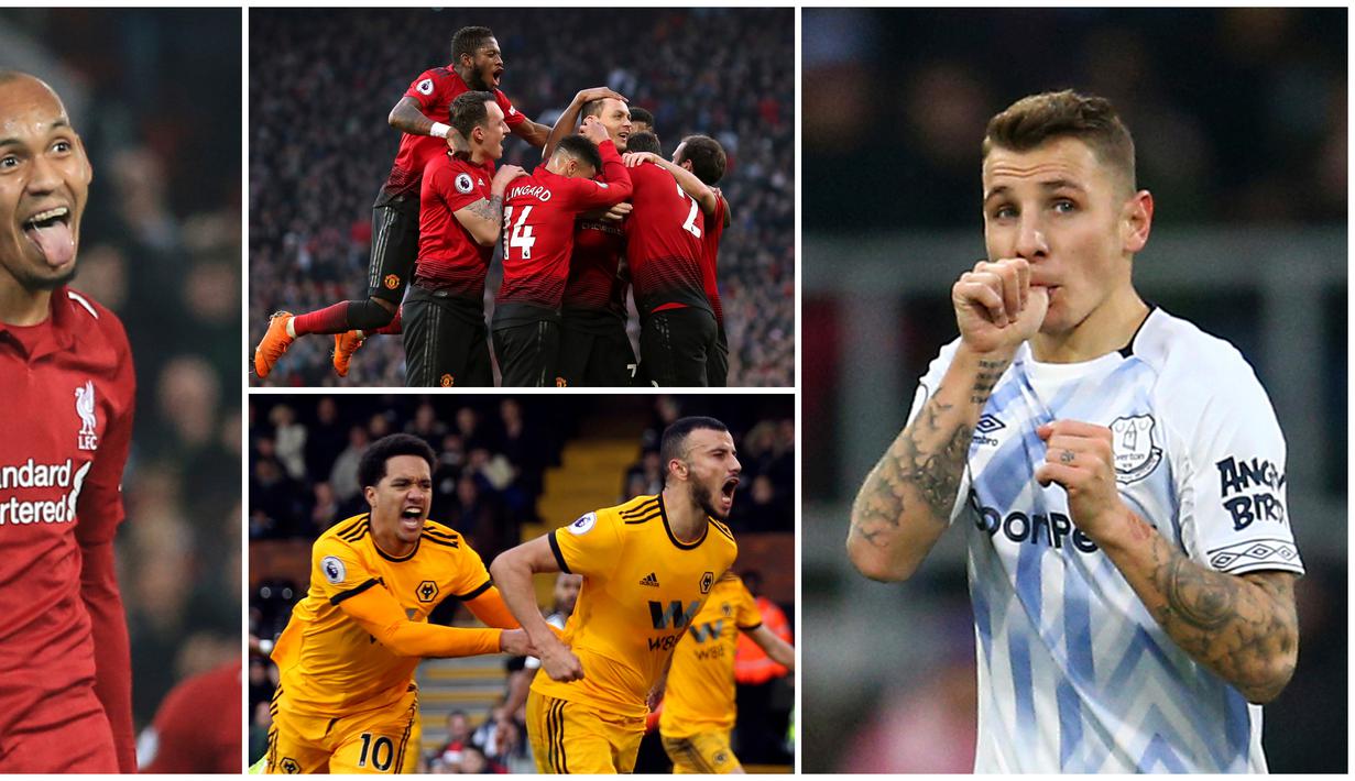 Berikut ini ragam selebrasi terbaik di Premier League pekan ke-18. Diantaranya selebrasi Fabinho dan Nemanja Matic.(Foto Kolase AP dan AFP)