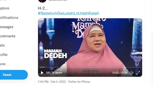Mamah Dedeh mendoakan Abdel Achrian melawan Desta di pertandingan tenis meja (https://twitter.com/abdelachrian/status/1489570535810150411)