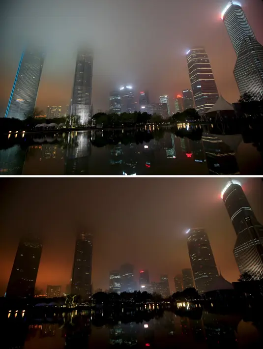 Kombinasi foto yang menunjukkan distrik keuangan Pudong sebelum dan saat memperingati Earth Hour di Shanghai, Cina (19/3/2016). (Reuters/Aly Lagu)