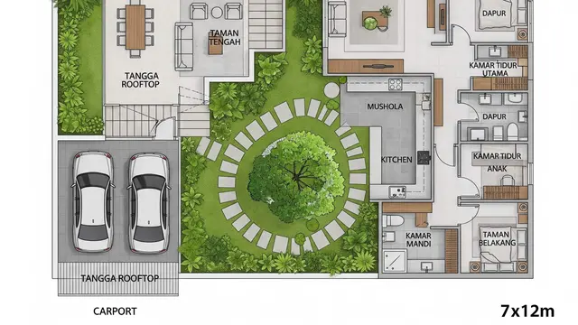 Contoh Rumah Kecil 7x12 dengan Garasi dan Taman Belakang