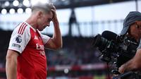 Penyerang Arsenal asal Swedia #14, Viktor Gyokeres, merayakan gol kelima timnya dari titik penalti dalam pertandingan&nbsp;Premier League antara Arsenal dan Leeds United di Stadion Emirates, London, pada 23 Agustus 2025. (HENRY NICHOLLS/AFP)