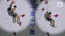 Atlet Panjat Tebing Putra China, Long Cao (kanan) meluapkan kegembiraan usai menumbangkan pemanjat Korea, Seungbeom Lee di Kejuaraan Panjat Tebing Dunia IFSC 2022 di Jakarta, Sabtu (24/9/2022). Di Babak Final, Long Cao menempati posisi ketiga dengan catatan waktu 5,16 detik. (Liputan6.com/Helmi Fithriansyah)